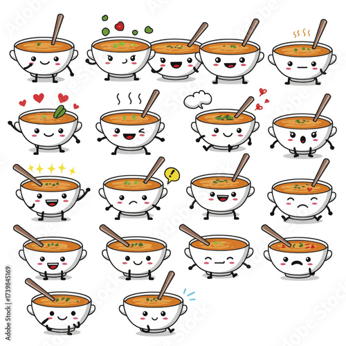 Cute Soup Bowl Character Set with Various Poses and Expressions.