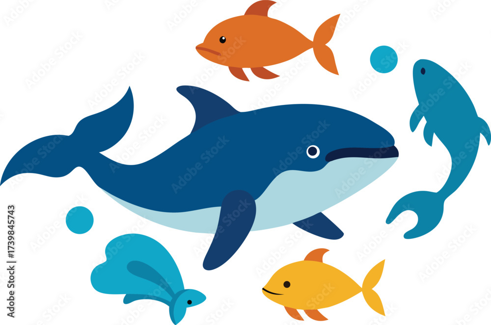 Fototapeta premium Cute marine animal bundle with whales dolphins and colorful fish vector illustration