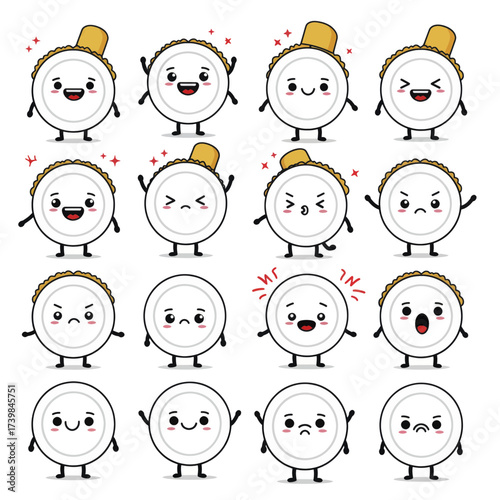 Cute dish character emoticon set with happy sad and angry faces.