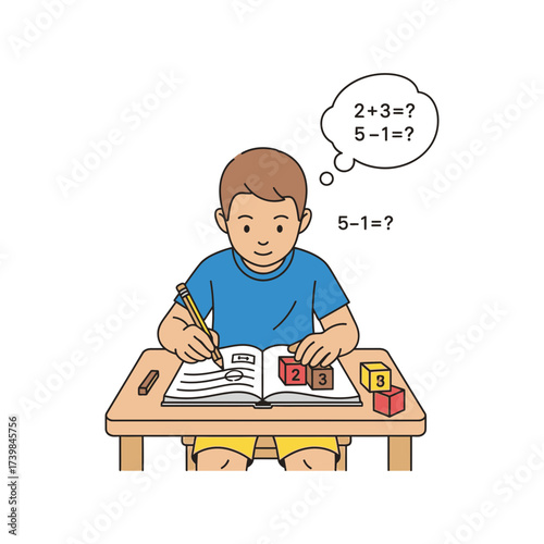 Engaged young student concentrates on solving arithmetic problems in his notebook, surrounded by educational building blocks, embodying early childhood learning and development