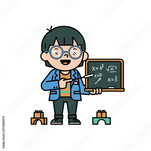 Charming illustration of a young student with glasses pointing at a blackboard with math equations, symbolizing education and learning