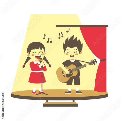 Happy children performing music on stage, a girl singing into a microphone while a boy plays an acoustic guitar, illustrating childhood talent and artistic expression