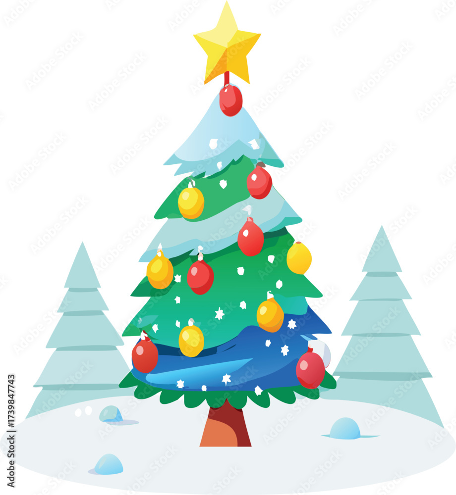 Obraz premium Festive christmas tree with ornaments snow and trees for holiday celebrations