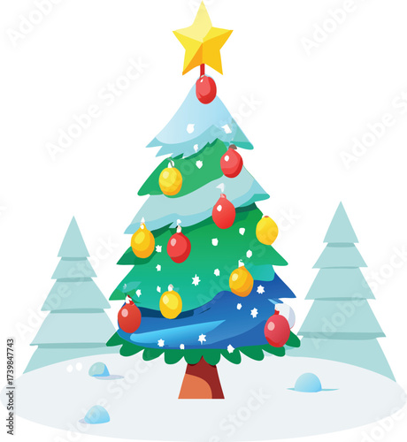 Festive christmas tree with ornaments snow and trees for holiday celebrations