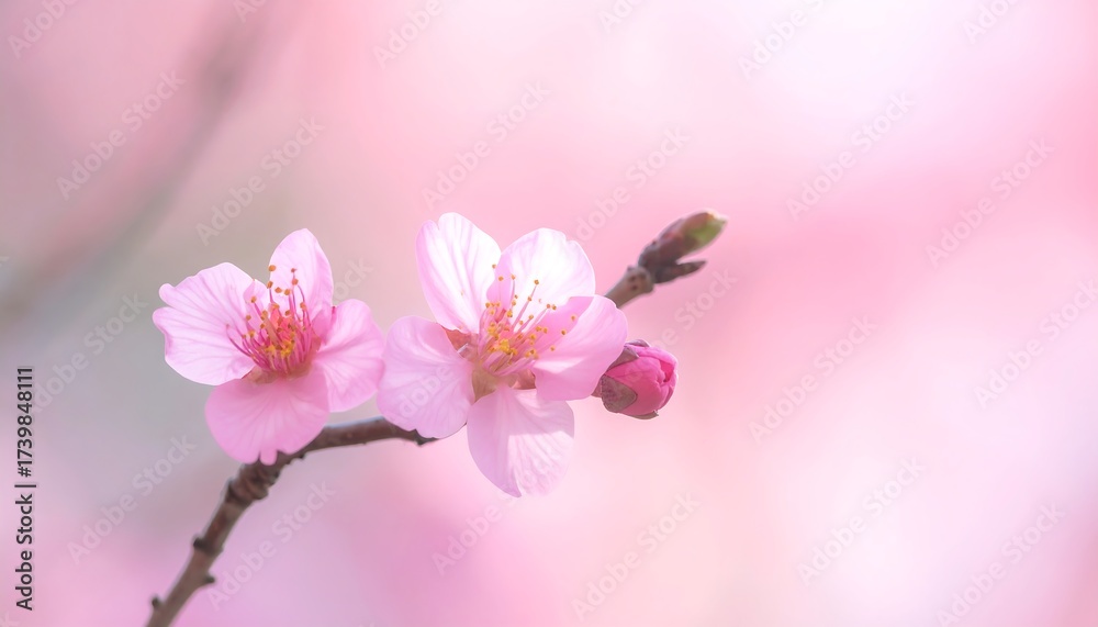Fototapeta premium Soft focus shot of delicate, pink cherry blossoms in full bloom, with a blurred background. Springtime, macro close-up
