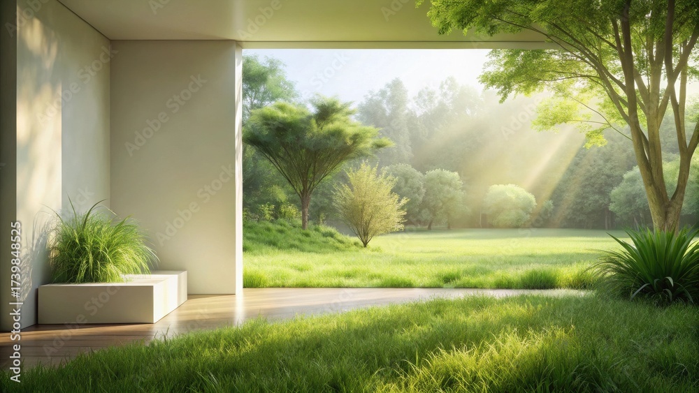 Obraz premium Serene Indoor-Outdoor Living Space Design Featuring Lush Greenery and Sunlight Streaming Through a Large Window