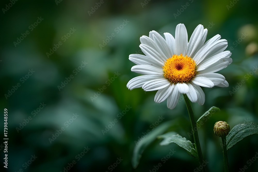 Fototapeta premium Beautiful, close-up photorealistic shot of a single white daisy with a yellow center. The flower is in sharp focus against a softly blurred green background.