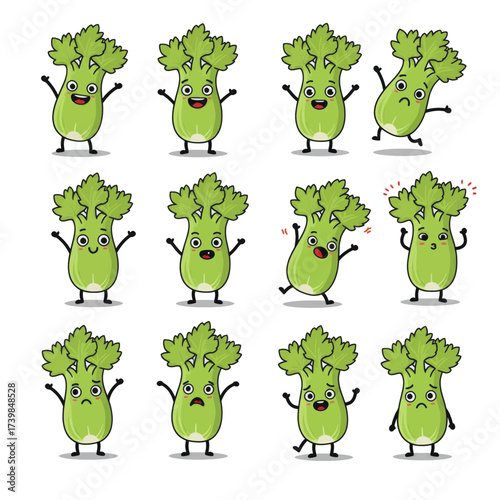 Set of cute celery cartoon characters with various emotions.