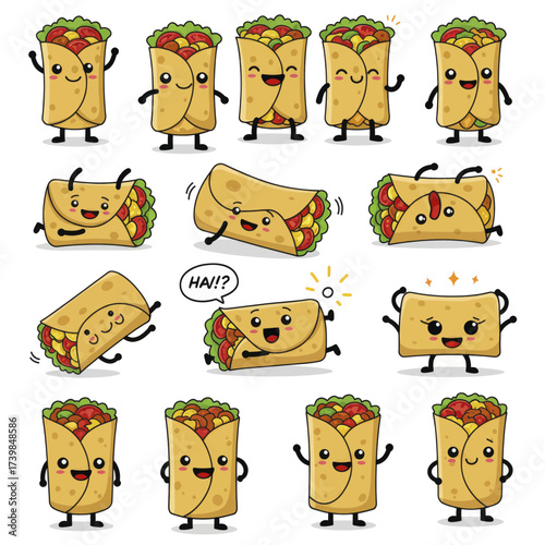 Set of cute burrito cartoon characters with various expressions.