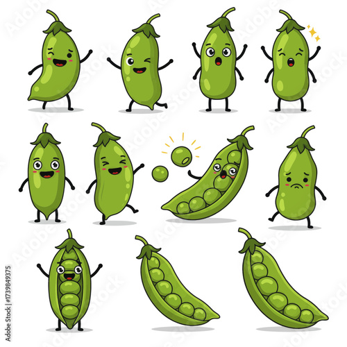 Set of cute green pea cartoon characters with various expressions.