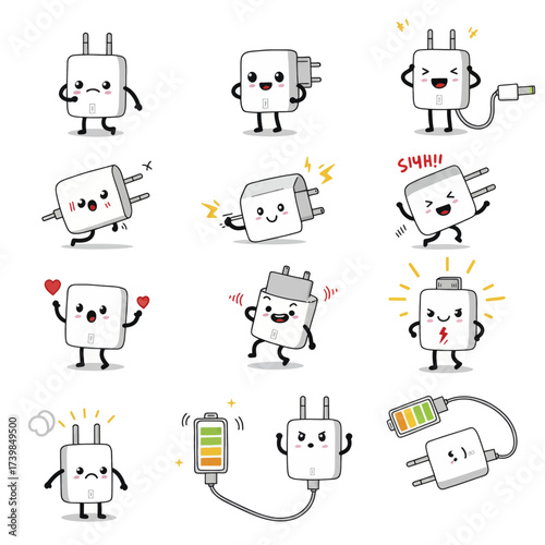 Set of cute cartoon charger plug characters with various emotions and poses A collection of kawaii power adapter mascots for technology concepts.