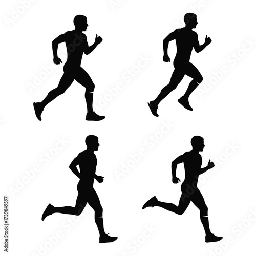 Four silhouettes of male runners in dynamic motion capturing athleticism and endurance for sports design assets silhouette