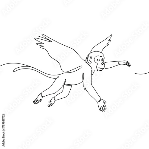 Cartoon monkey flying with wings in a simple line drawing  