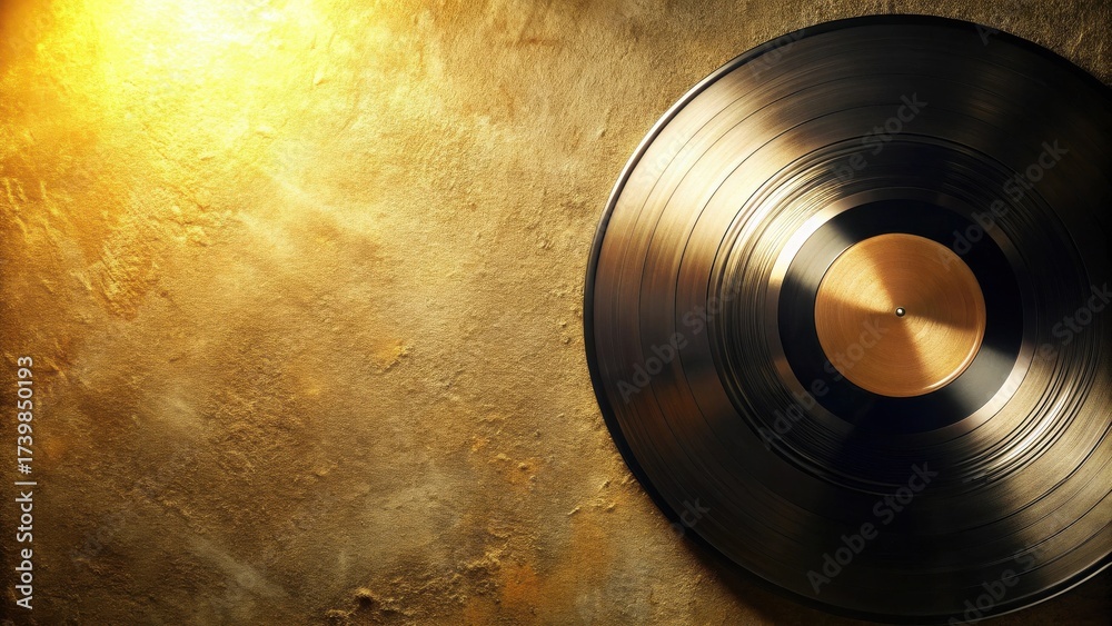 Obraz premium A Golden Age Vinyl Record on a Textured Background, Reflecting Warm Light