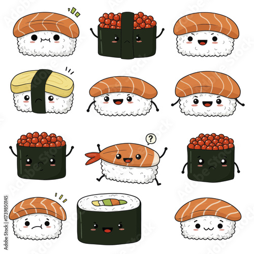 Set of Cute Kawaii Sushi and Roll Characters with Emotions.