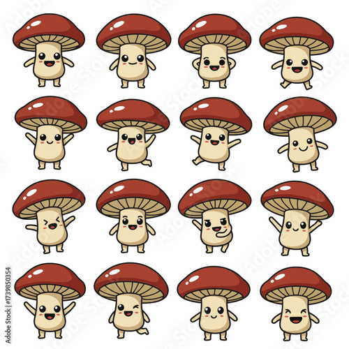 Set of cute mushroom cartoon characters with various poses and expressions.