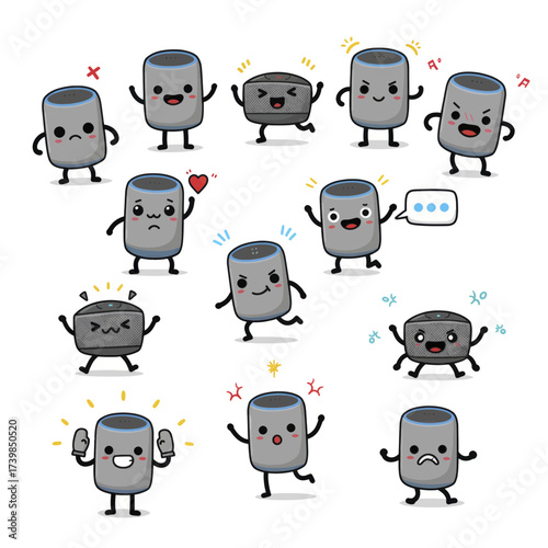 Set of cute smart speaker cartoon characters with various emotions and poses.