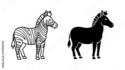 Stylized Black and White Zebra Illustrations, Outline and Silhouette Graphic