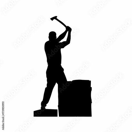 Silhouette of a man chopping wood isolated on white background