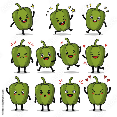 Set of cute green bell pepper cartoon mascot characters with various expressions and poses a collection of funny vegetable emoticons.