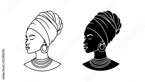 Minimalist African Woman Headwrap Profile Line Art Silhouette Design
