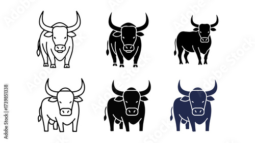 Bull and Buffalo Vector Icon Set: Outline, Black, and Blue Glyphs