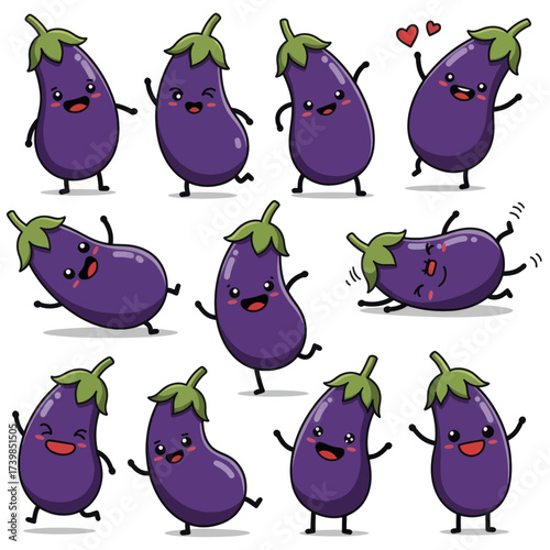 Set of cute kawaii eggplant vegetable characters.
