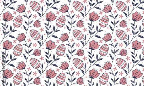 Seamless pattern, easter eggs, spring flowers, geometric style, doodles, white background for greetings, packaging vector illustration