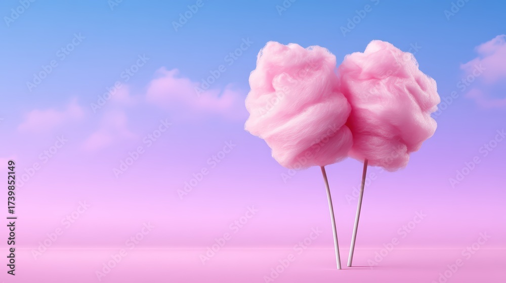 Fototapeta premium A pair of fluffy pink cotton candy sticks against a soft pastel backdrop, evoking a whimsical and nostalgic atmosphere.