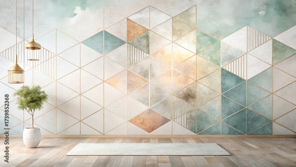 Obraz premium Serene Interior Design with Geometric Wall Art, Elegant Lighting, and Minimalist Plant Decor