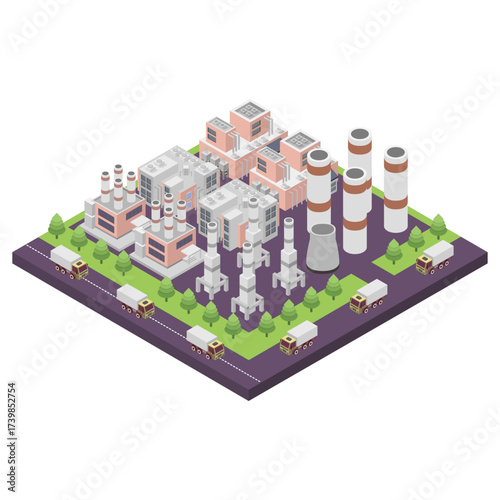 Industrial work plant concept with isometric chimney tower