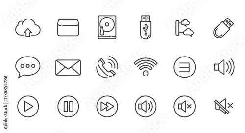 A collection of simple, outlined icons representing technology and communication elements.