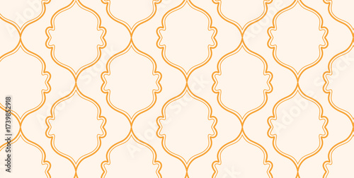 Seamless arabesque pattern with curved orange lines on light background. Traditional Islamic decorative design with repeated symmetrical shapes. Vector illustration for textile and wallpaper