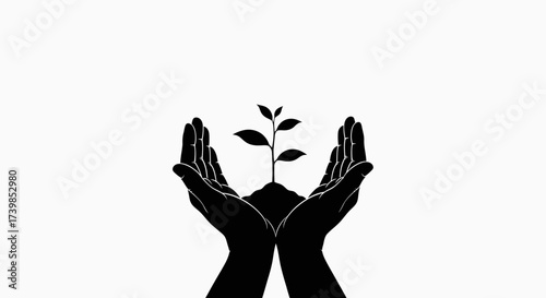 Silhouette of hands gently holding a small plant with soil, symbolizing growth and care.