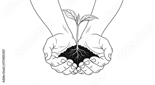 Two hands cradle a small plant with roots, symbolizing growth and care.