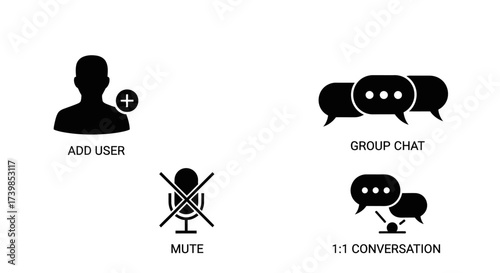 Simple black and white icons representing online communication features, including adding users and group chats.