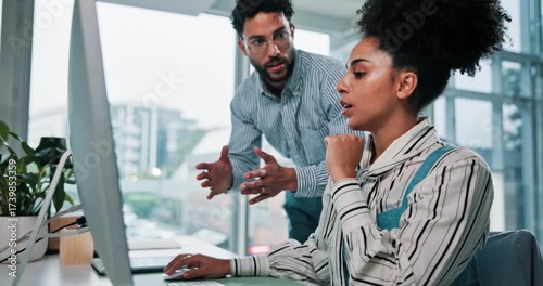 Meeting, office and business people on computer for project, SEO coaching and website review. Manager, company and man with woman on pc in discussion for web analytics, online report and teamwork
