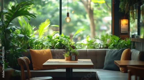 Cozy modern cafe interior with lush greenery large natural light ambient lighting and comfortable seating for relaxed social gathes