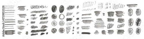 set charcoal brush strokes wavy lines shapes kids hand 