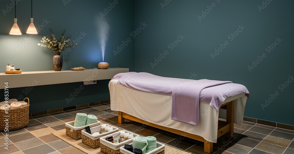 custom made wallpaper toronto digitalTranquil spa room with massage table and aromatherapy diffuser creating a relaxing ambiance