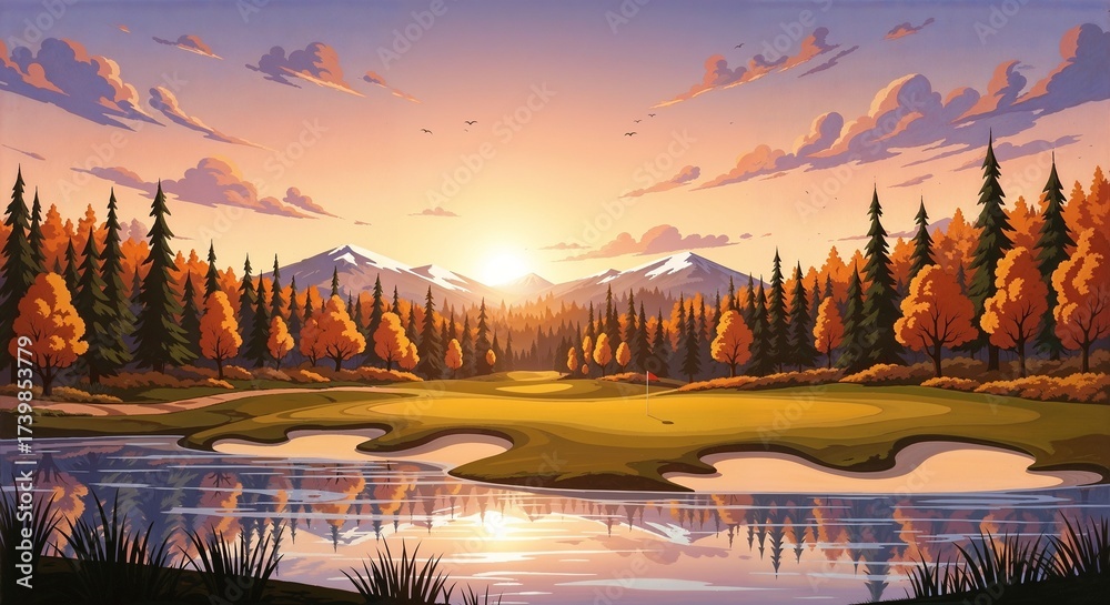 Obraz premium Stylized Golf Course with Sunset Glow, Reflective Water, and Snow-Capped Mountains