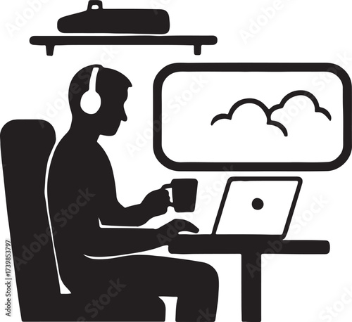 Silhouette of a person wearing headphones and drinking from a mug while working on a laptop at a desk with a monitor displaying clouds