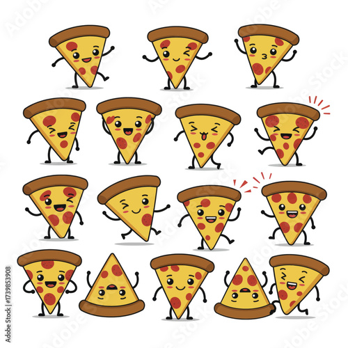 Set of cute pepperoni pizza slice characters with various expressions and poses.