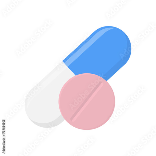Capsule and round pill on white background vector illustration. Medical preparations. Treatment concept.
