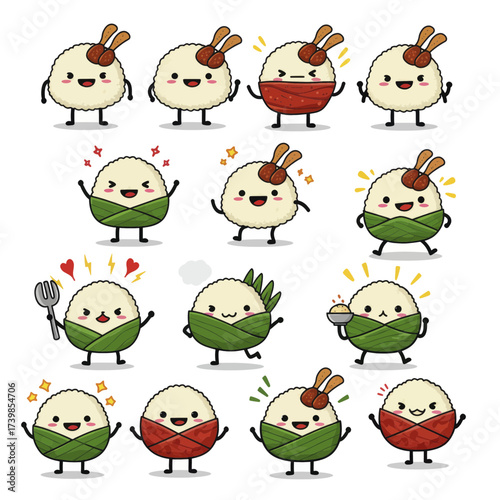 A cute collection of kawaii sticky rice cartoon characters Adorable Asian food mascots with various expressions and poses.