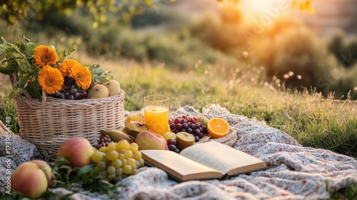 Serene outdoor picnic scene with fresh fruit flowers and a book on a blanket du sunset in a peaceful natural setting