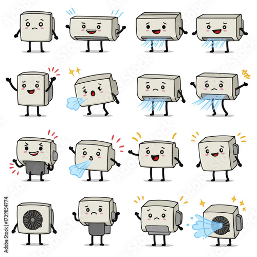 Cute air conditioner cartoon character mascot set with various expressions and poses.
