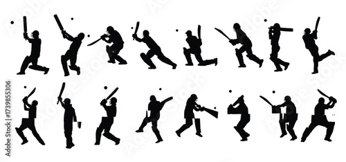 cricket player silhouettes vector illustration set