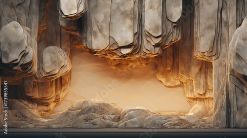 Abstract Cave Interior with Warm Lighting and Textured Rock Formations