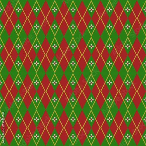 Abstract diamond pattern with yellow bold line and pink flower for Christmas. Vintage Christmas pattern seamless. Geometric, classic, red, green, merry, winter theme for wrapping paper, decor, texture